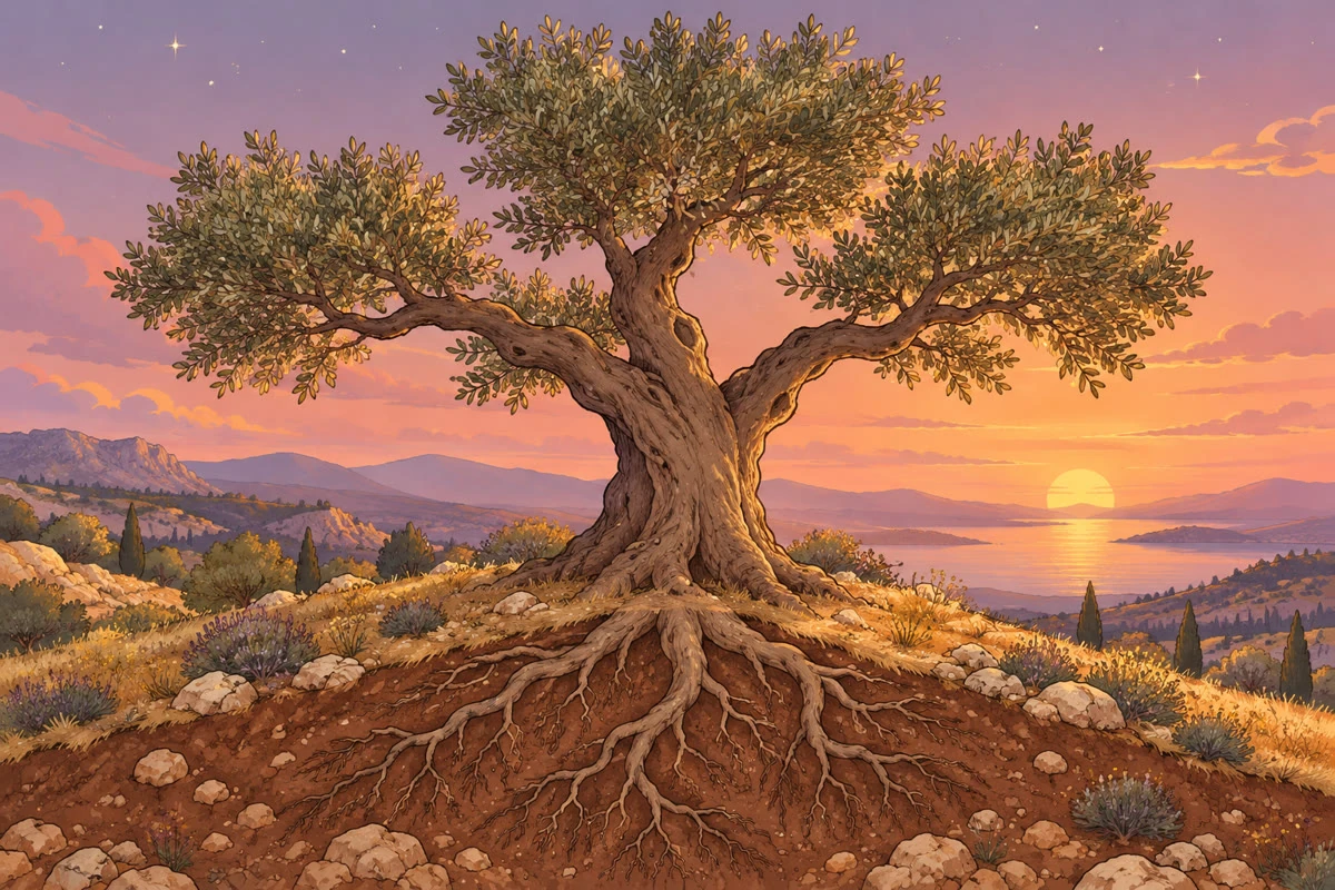 An old olive tree with one deep root and wide branches