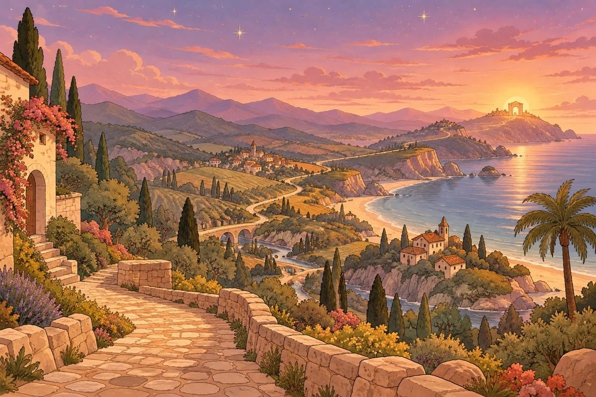 A long path winding through hills, valleys and a sea toward a far-off glowing arch