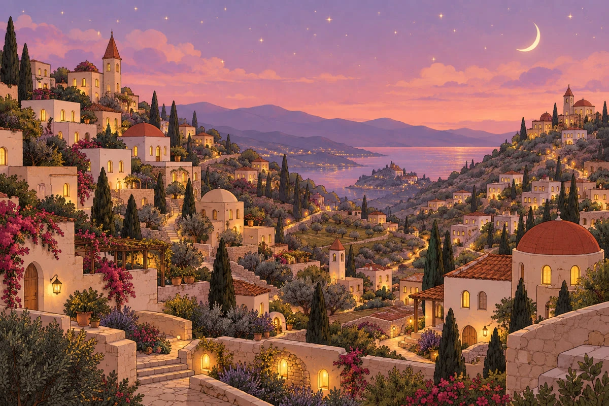 Rolling hills dotted with many different homes, every window lit