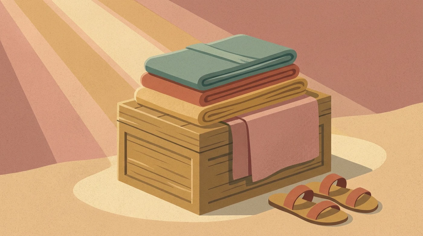 Folded cloth and leather sandals on a wooden chest