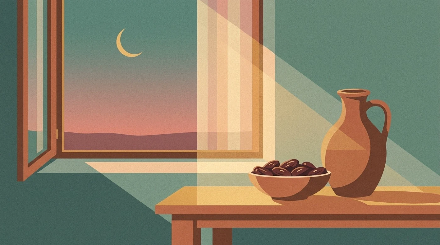 Dates and a water jug by an open window at dusk