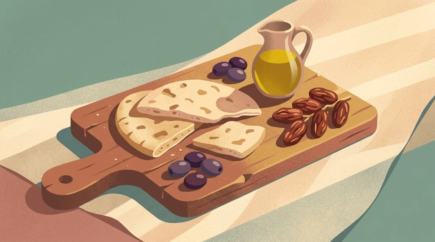 Bread, olives, dates and oil on a wooden board