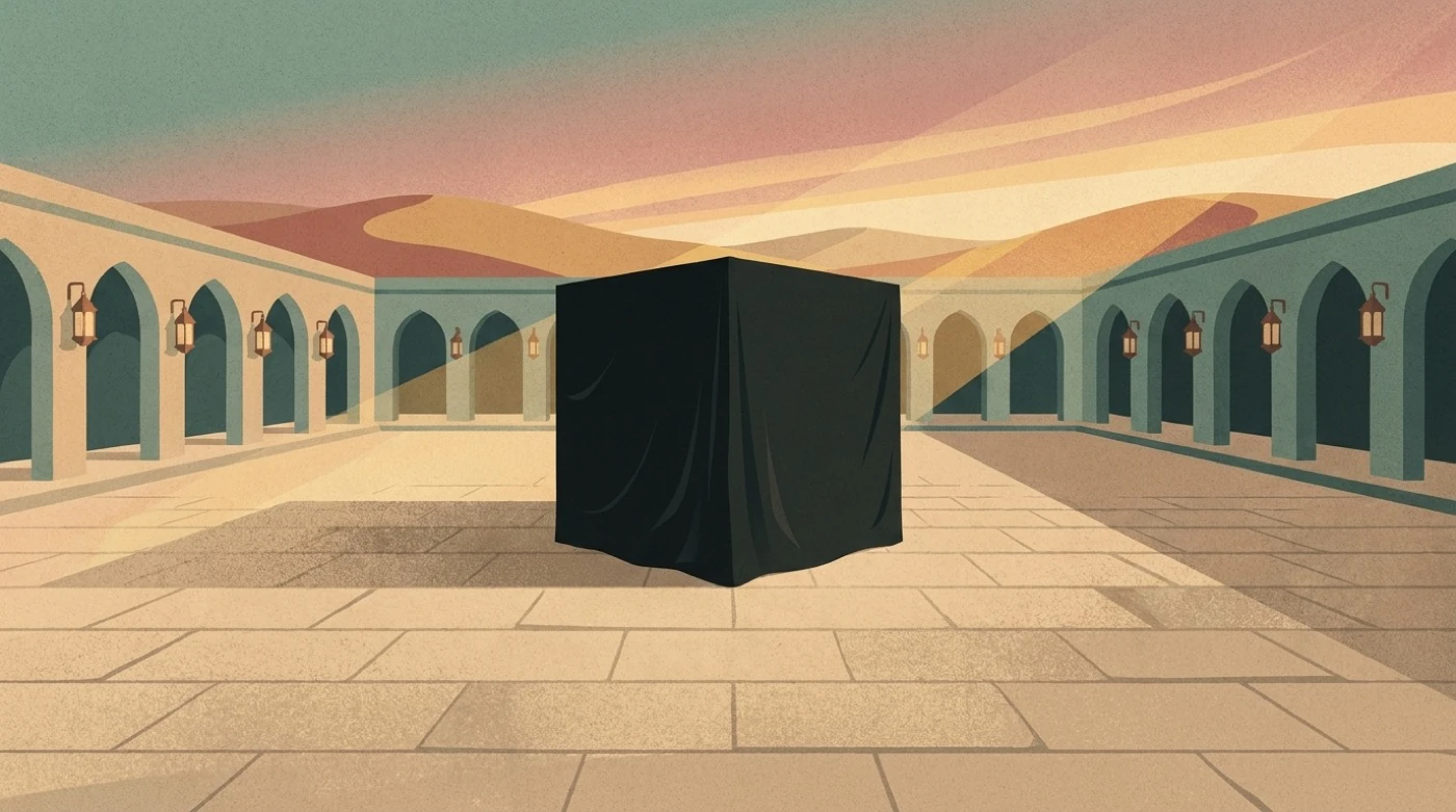 An empty courtyard at dawn around a plain draped cube