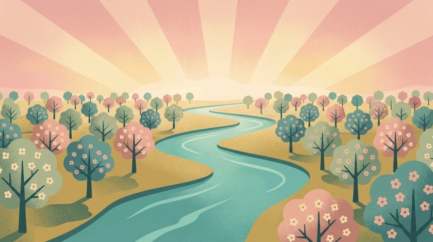 A garden and a clear river under a luminous sky
