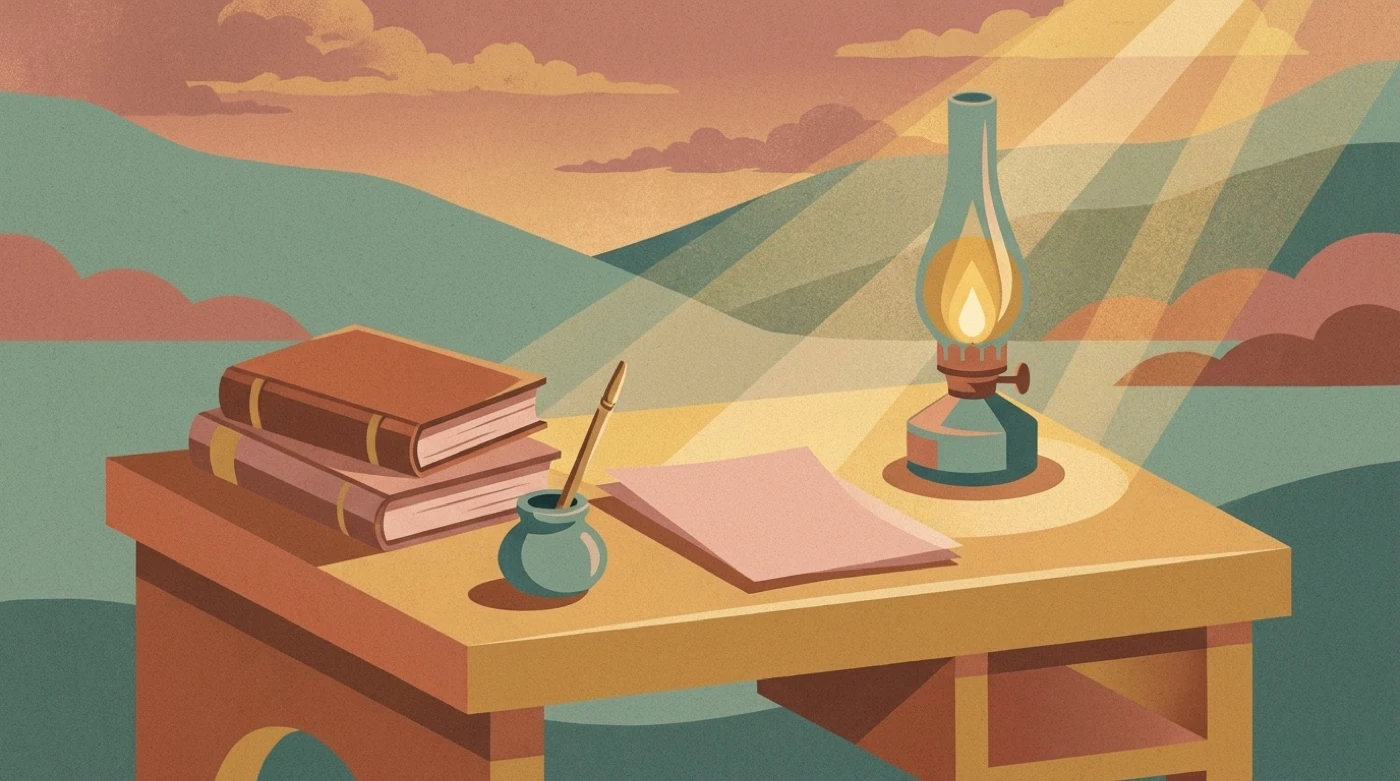 Books, an inkwell and a reed pen by lamplight