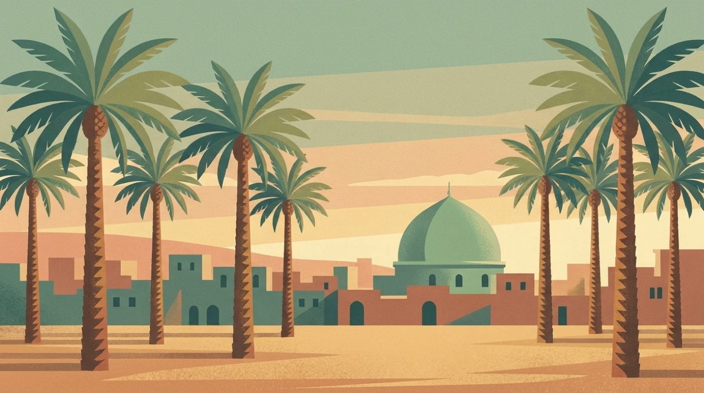 Date palms and a low skyline at dusk