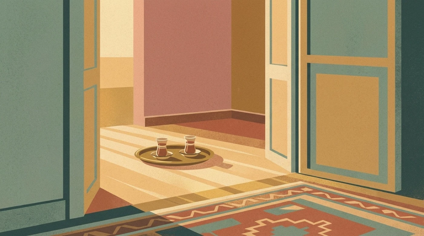 An open door, two tea glasses on a low tray