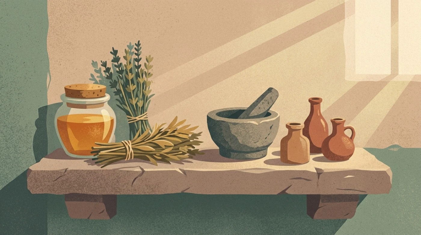 Honey, dried herbs and a stone mortar on a shelf