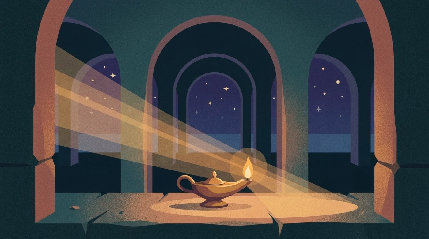 A lamp burning in a dark colonnade under stars