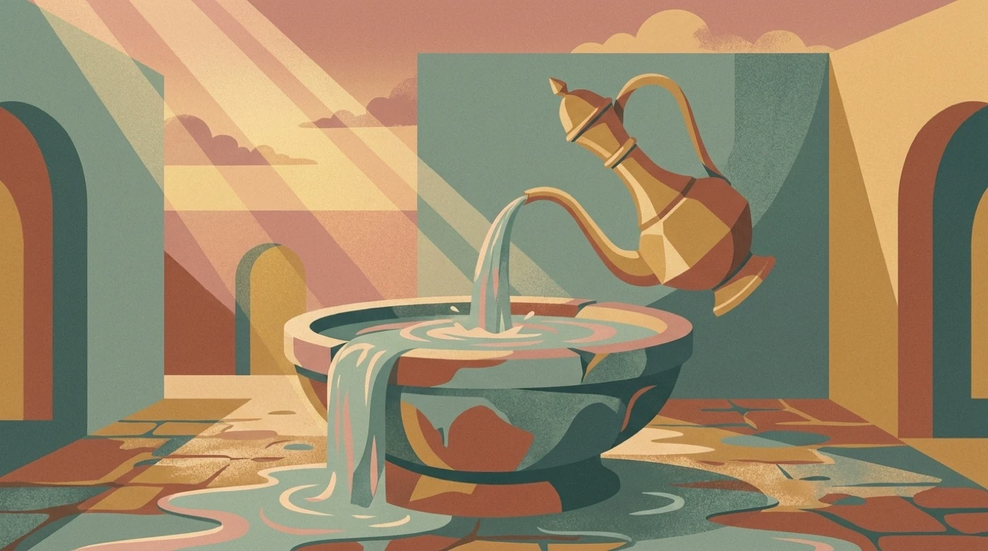 Water poured from a brass ewer into a stone basin