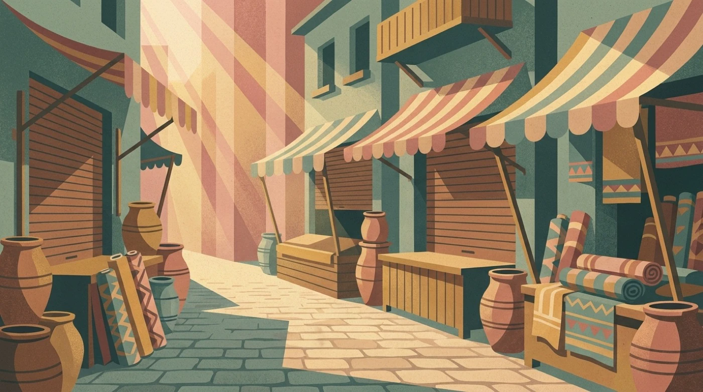 A shuttered market street at first light