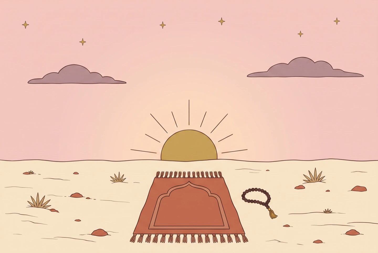 A prayer mat unrolled on sand, facing the rising sun