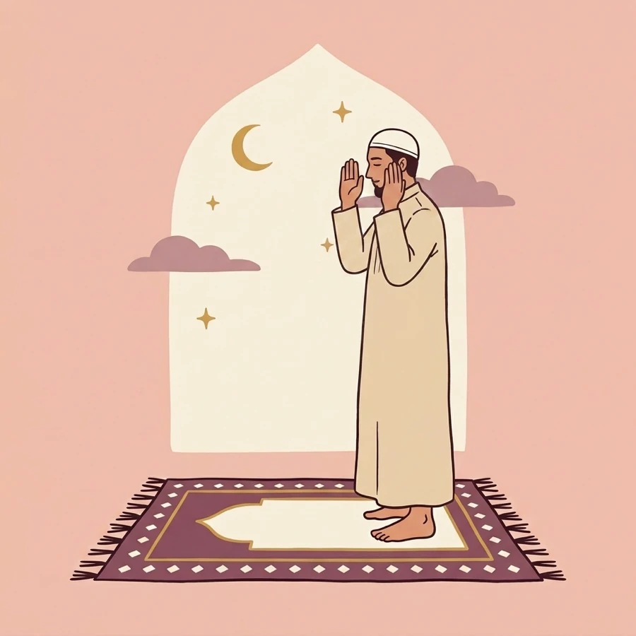 A person praying, standing upright with both hands raised to ear level, palms facing forward