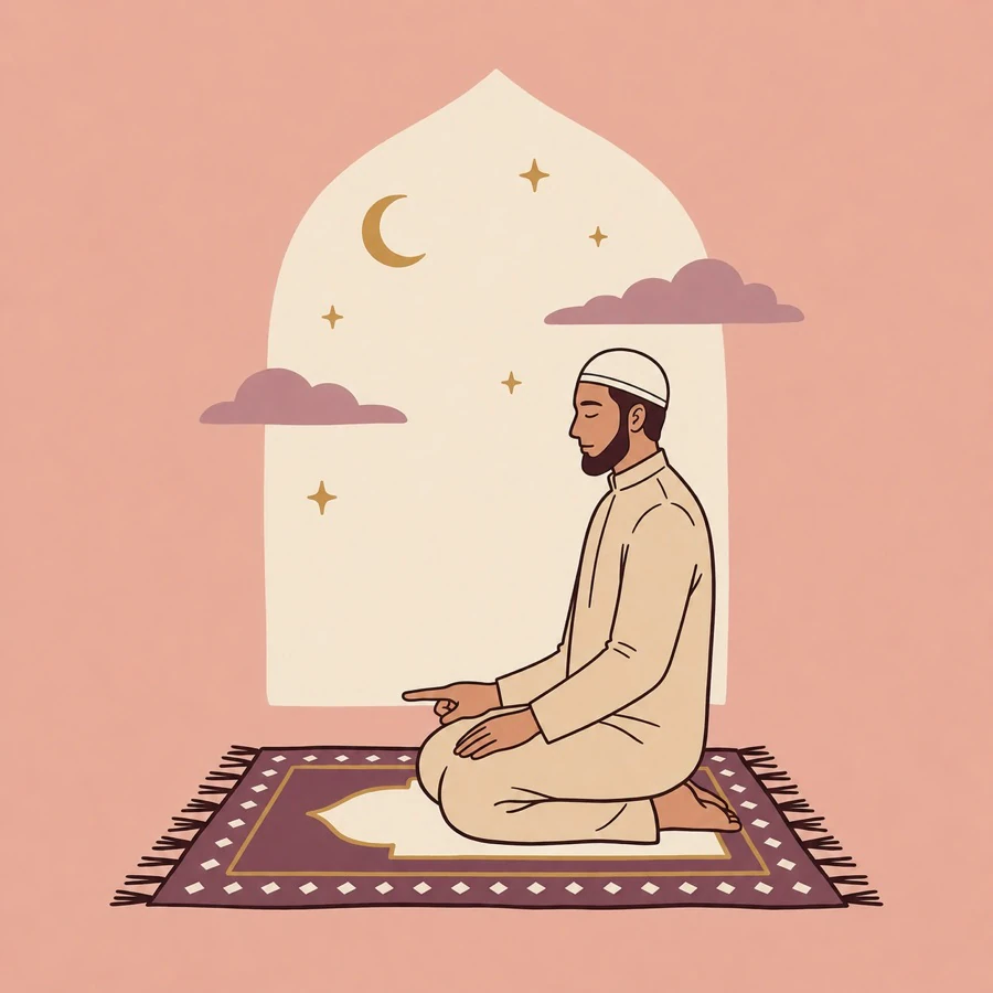 A person praying, sitting back on the heels with the forearms resting along the thighs and the right index finger extended past the knee