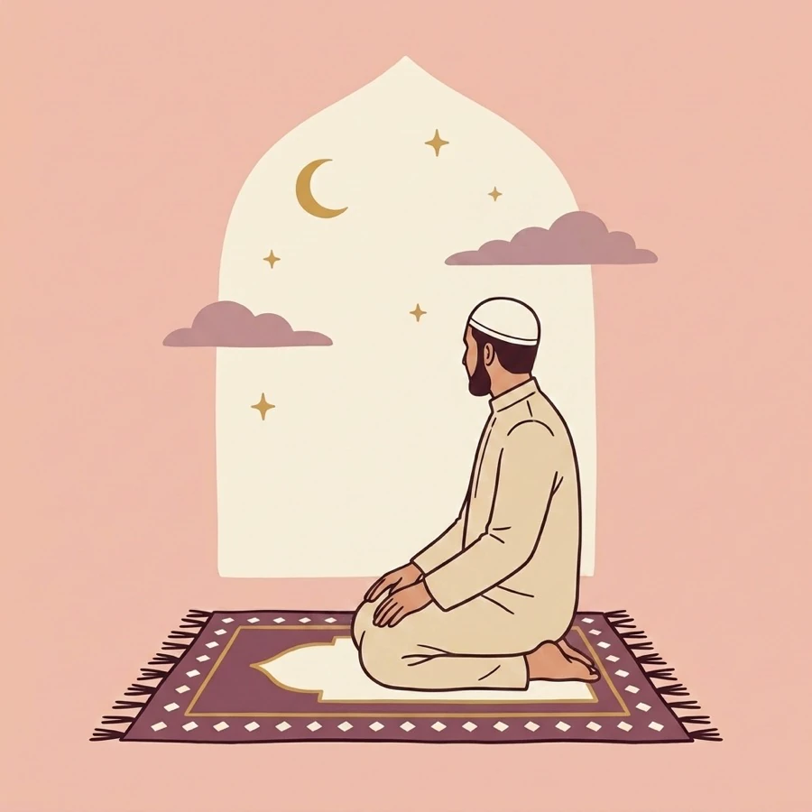 A person praying, sitting and turning the head to look over the right shoulder