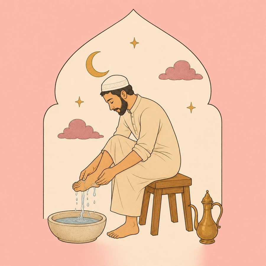 A person washing the foot over a basin, water running between the toes